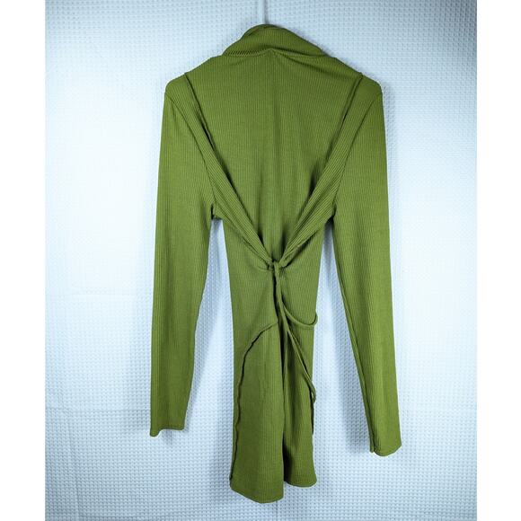 PrettyLittleThing Green Ribbed Collared Tie Front Long Sleeve Top UK16 US12 - Picture 4 of 4
